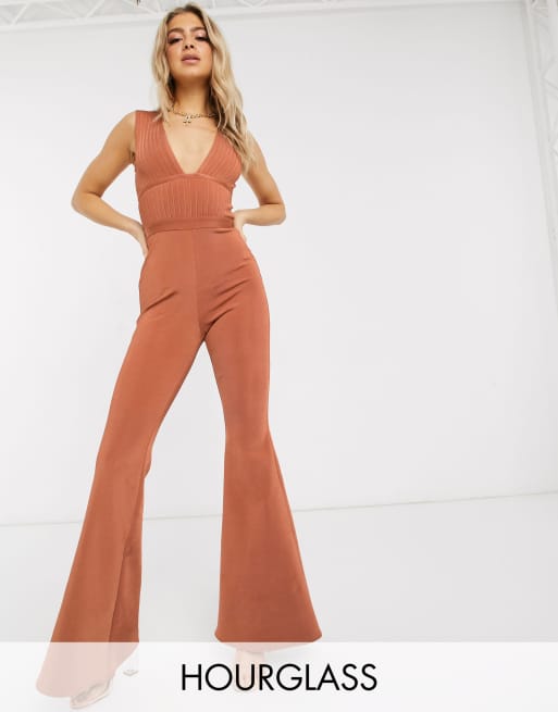 Orange bandage plunge flared cheap leg jumpsuit