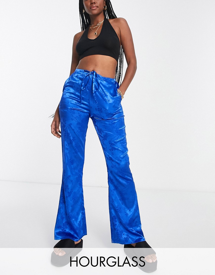 ASOS DESIGN Hourglass pull on wide leg pants in cobalt satin jacquard - part of a set-Blue