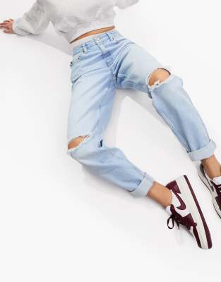 Asos Design Straight Jean In Light Wash With Rip And Split Hem-blue In Blue
