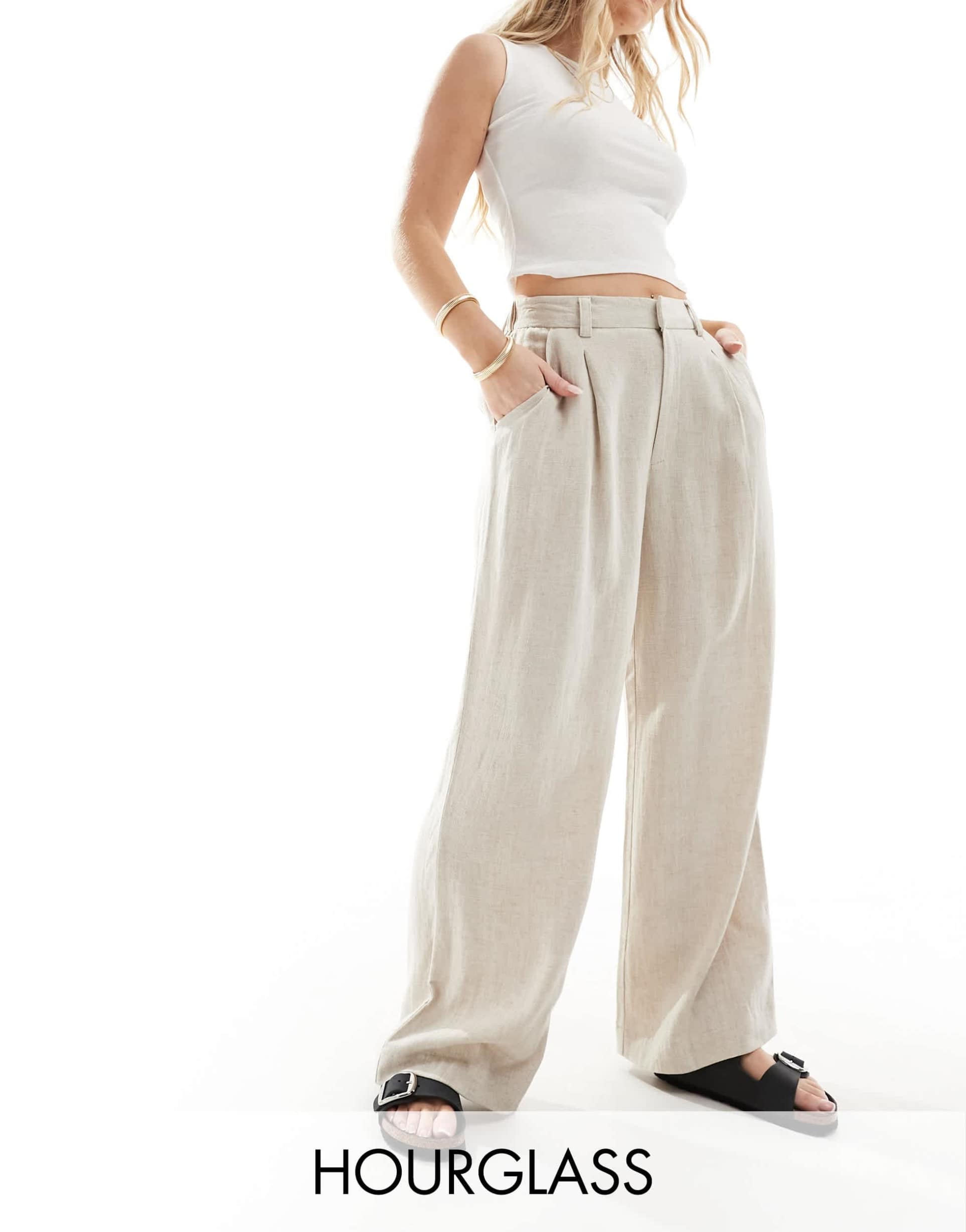 asos design hourglass relaxed straight leg linen blend pants in natural