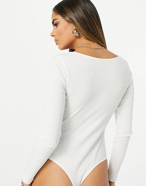 Women Hourglass rib bodysuit with bust seams in white 