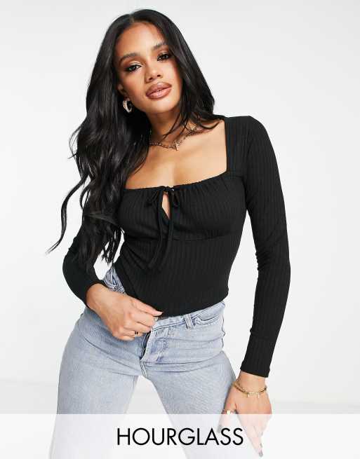 ASOS DESIGN Hourglass ribbed square neck top with tie detail in black