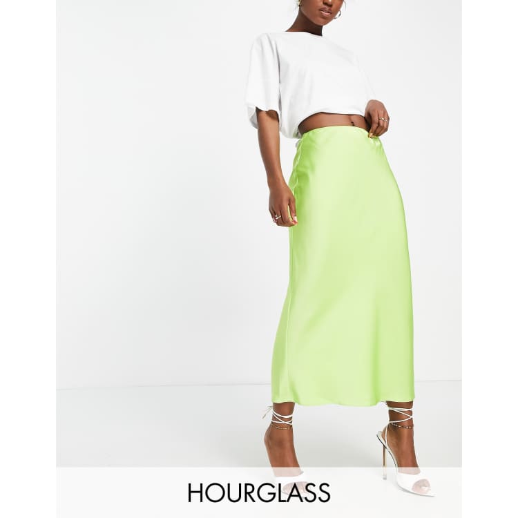 ASOS DESIGN Hourglass satin bias midi slip skirt in lime green