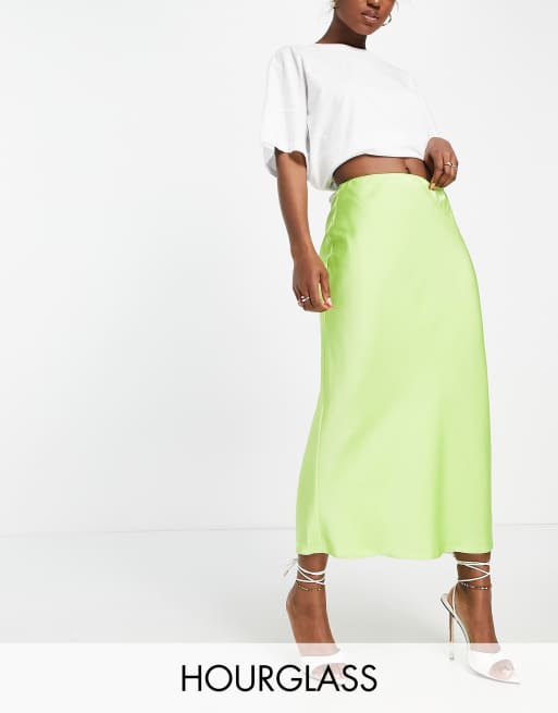 ASOS DESIGN Hourglass satin bias midi slip skirt in lime green