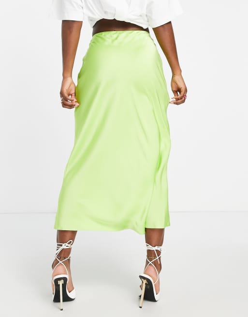 ASOS DESIGN Hourglass satin bias midi slip skirt in lime green, 2 of 4