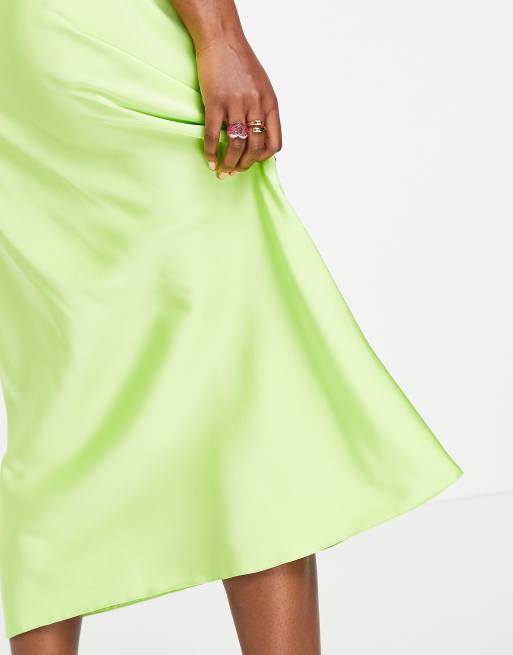ASOS DESIGN Hourglass satin bias midi slip skirt in lime green, 3 of 4