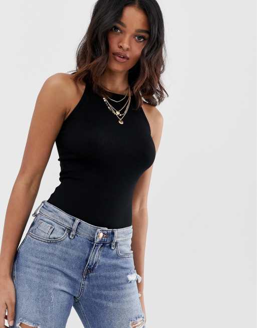 ASOS DESIGN Hourglass – Schwarzer Bodysuit mit hohem, eckigem Kragen und Rippenmuster