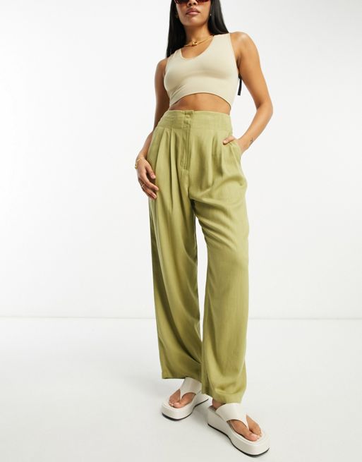 ASOS DESIGN high waisted linen blend tapered trousers in olive