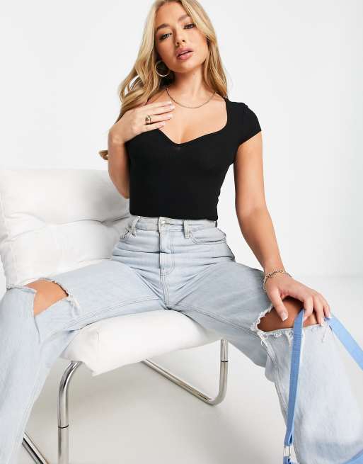 ASOS DESIGN Hourglass short sleeve T-shirt bodysuit with sweetheart neckline  in black