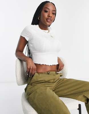Asos Design Hourglass Slim Fit T-shirt With Lettuce Edge In Mixed Rib In White In White