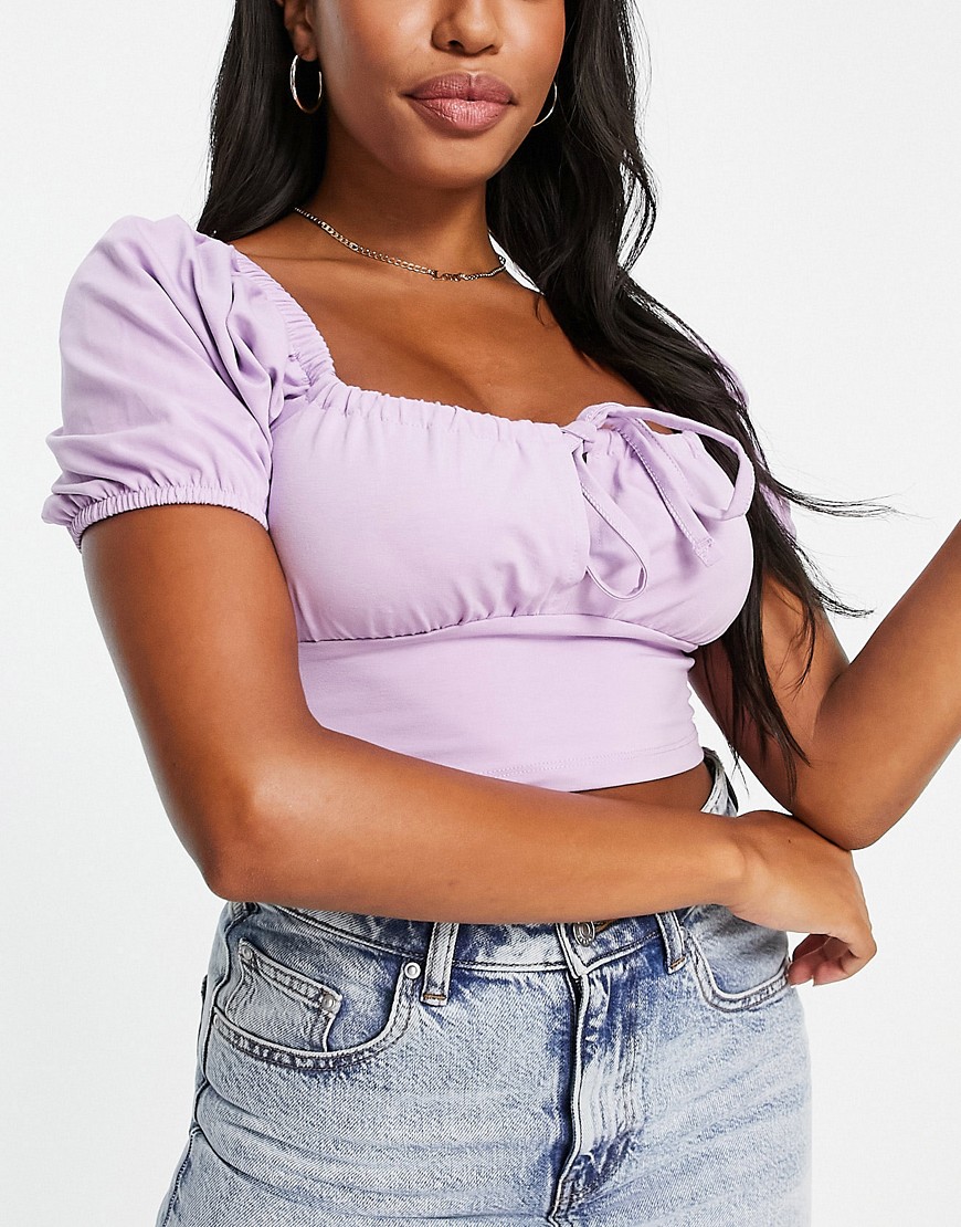 ASOS DESIGN Hourglass square neck tie detail volume short sleeve top in lilac-Purple