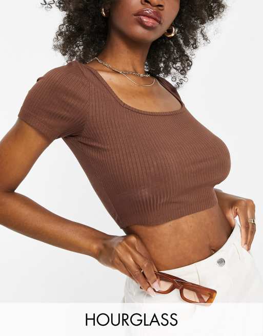 ASOS DESIGN Hourglass square neck top in rib in brown