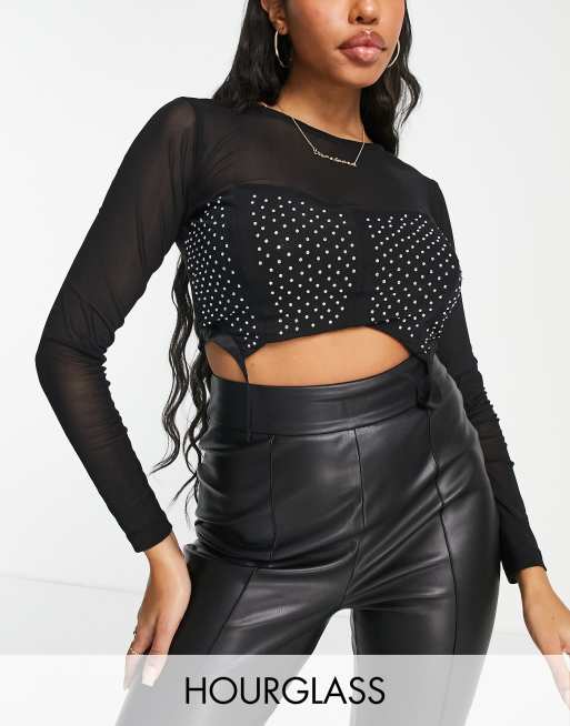 ASOS DESIGN Hourglass – Svart crop top i mesh med strassutsmyckad korsett