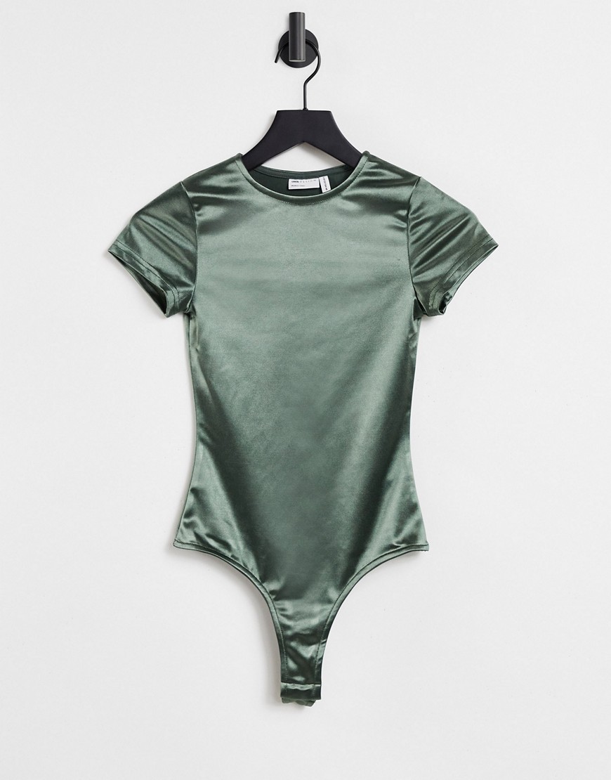 ASOS DESIGN Hourglass t-shirt satin stretch bodysuit in dark khaki-Green
