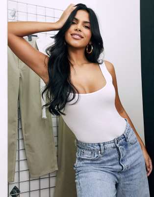 Asos Design Cotton Scoop Neck Tank Top Bodysuit In White - White In White