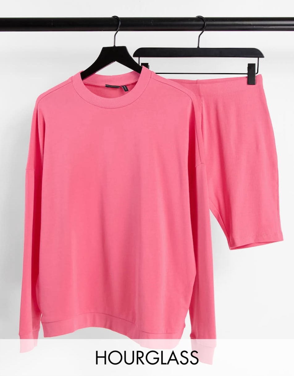 ASOS DESIGN Hourglass tracksuit oversized sweat / ribbed legging short in coral