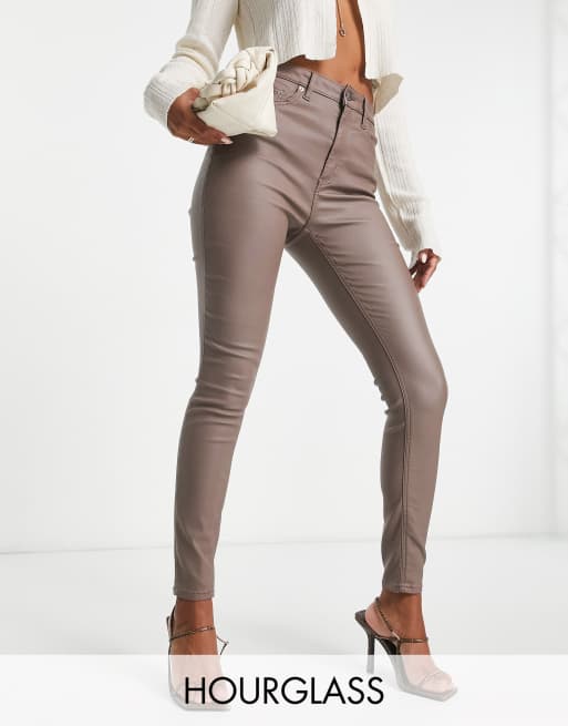 ASOS DESIGN Hourglass faux leather skinny moto pants with zips in brown