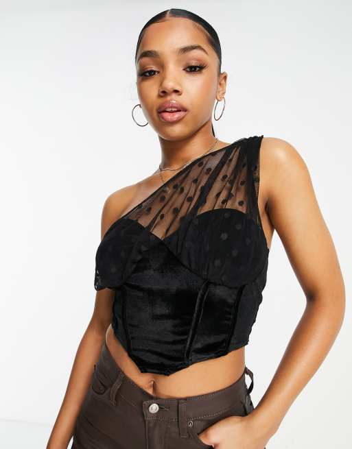 ASOS DESIGN Hourglass velvet corset with one shoulder dobby mesh detail in  black