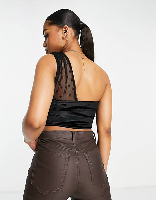 Women Hourglass velvet corset with one shoulder dobby mesh detail in black 