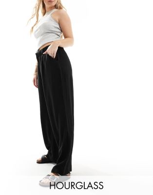 Asos Design Hourglass Wide Leg Dad Pants With Linen In Black