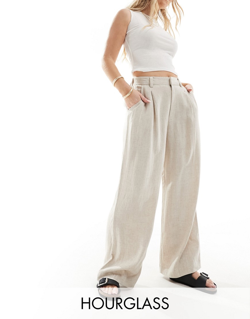 Asos Design Hourglass Wide Leg Dad Pants With Linen In Natural-neutral