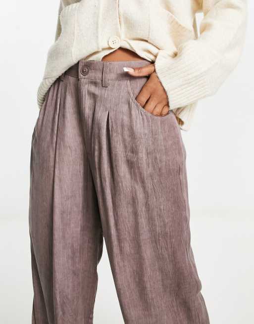 ASOS DESIGN wide leg dad pants with rolled waistband in khaki