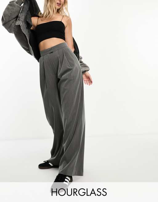 ASOS DESIGN wide leg trouser in stripe with waistband detail in grey