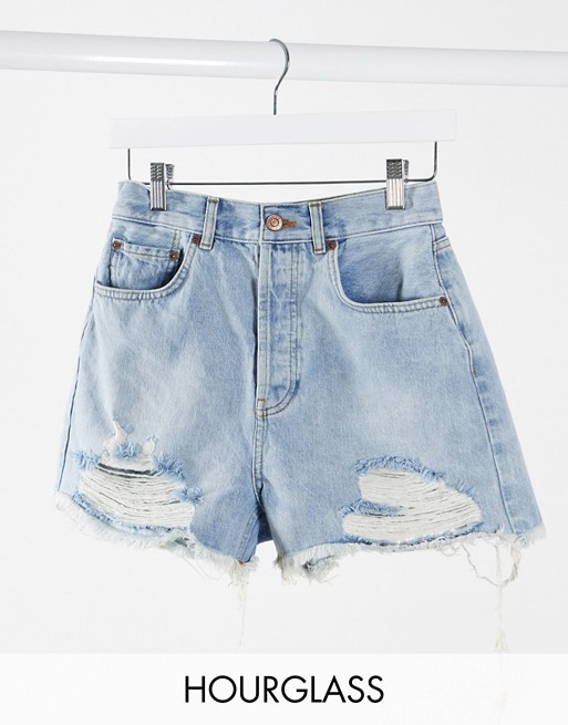 ASOS DESIGN hourrglass denim midrise relaxed ripped short in blue