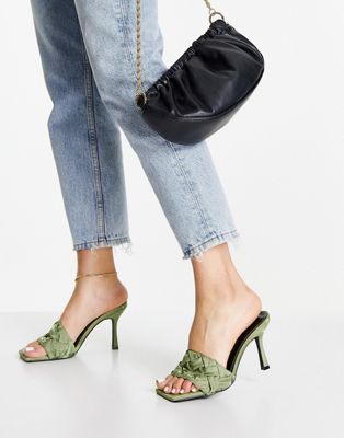 ASOS DESIGN Hove woven heeled mules in olive
