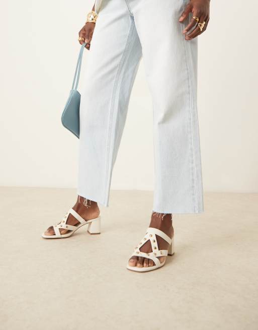 ASOS DESIGN Howdy stud detail caged mid heeled mules in off white, 3 of 4