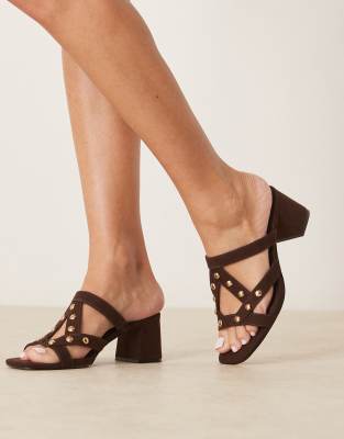 Howdy suedette stud detail caged mid heel mules in chocolate-Brown