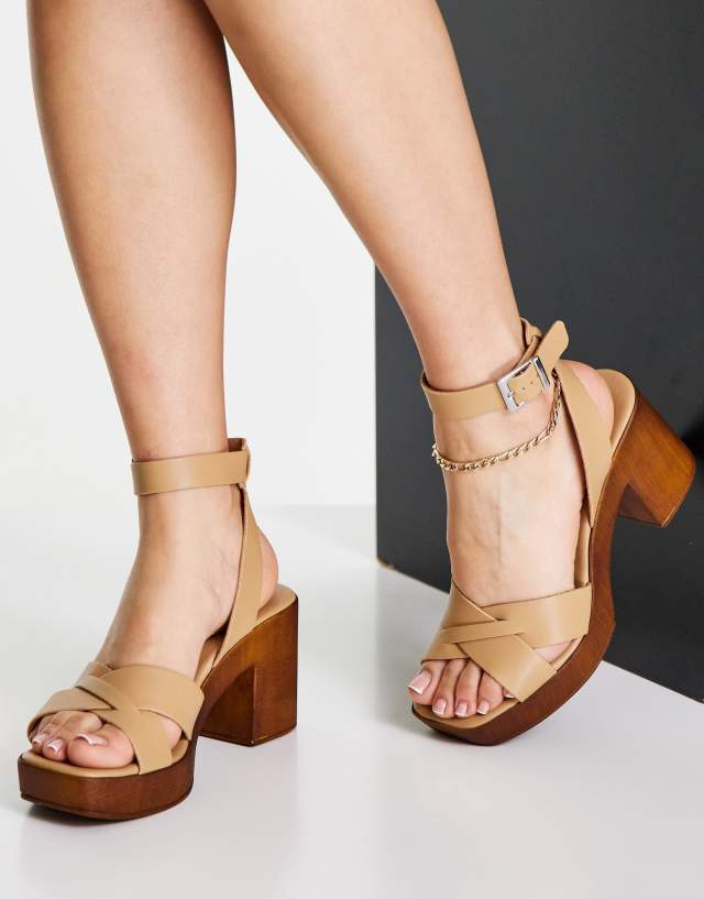 ASOS DESIGN Howie mid heeled sandals in camel