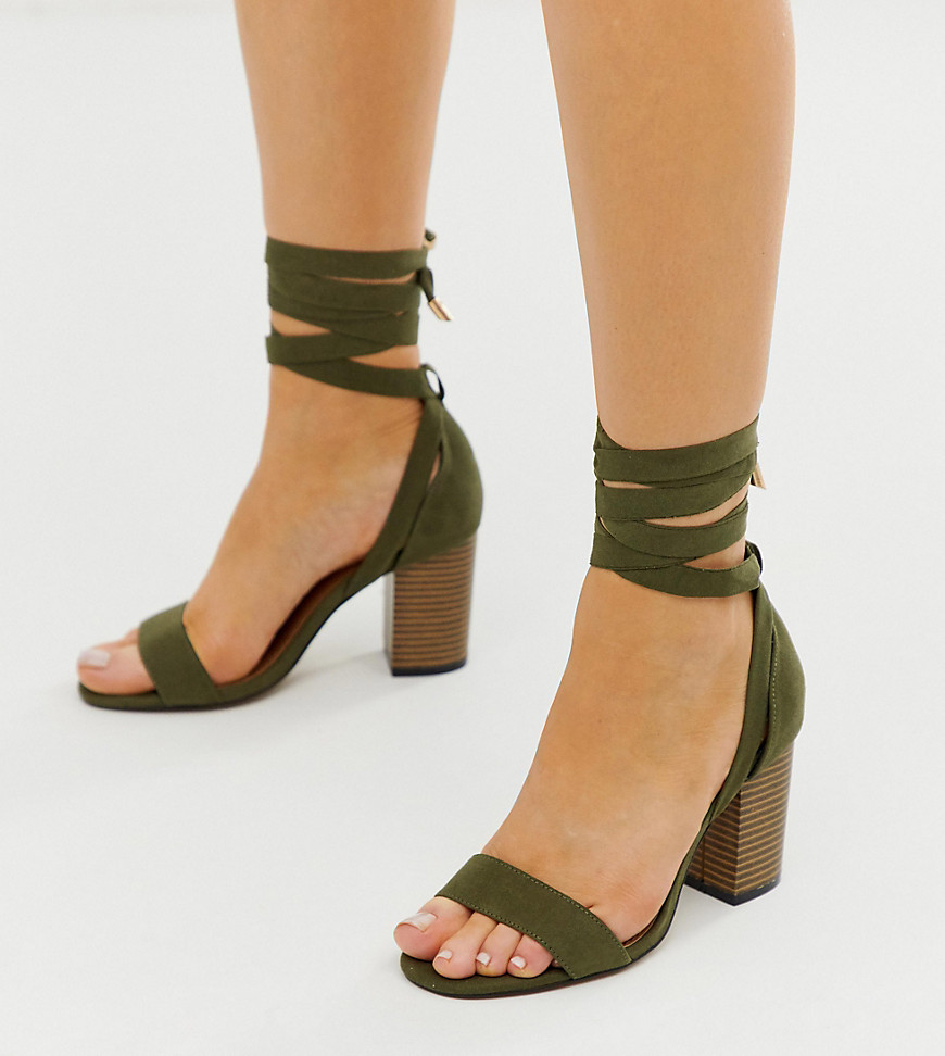 ASOS DESIGN - Howling - Sandali pianta larga kaki con tacco allacciati sulla gamba-Verde