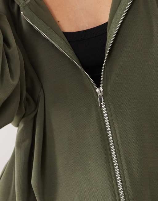 ASOS DESIGN hættetrøje med lynlås foran og rynket hals i khaki, 3 af 4