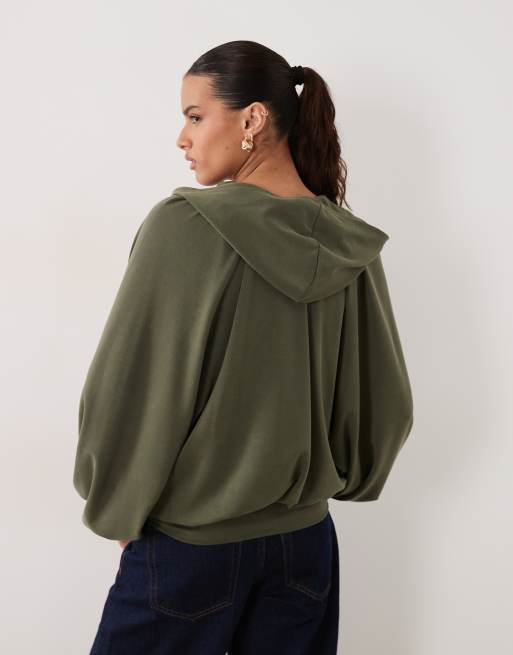 ASOS DESIGN hættetrøje med lynlås foran og rynket hals i khaki, 4 af 4