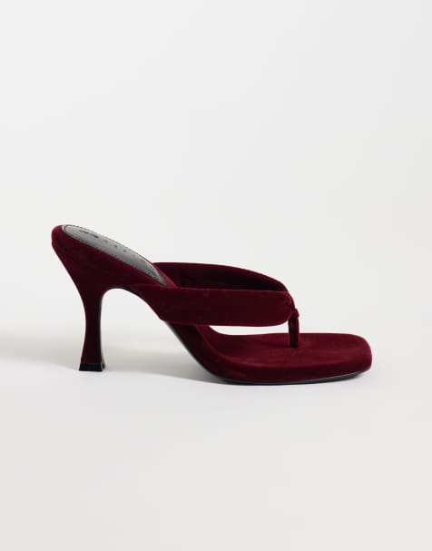ASOS DESIGN Huddle padded toe thong heeled sandals in berry velvet - view 1