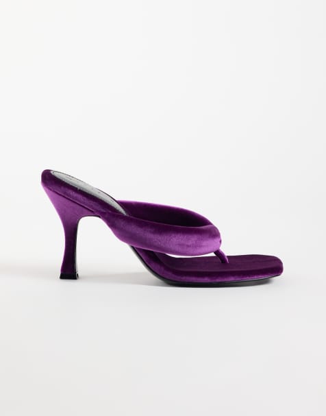 ASOS DESIGN Huddle padded toe thong heeled sandals in purple velvet - view 1
