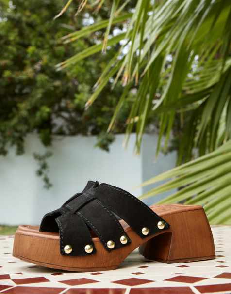 ASOS DESIGN - Hudson - Sorte træsko-mules med mellemhøj hæl i premium-ruskind - view 1