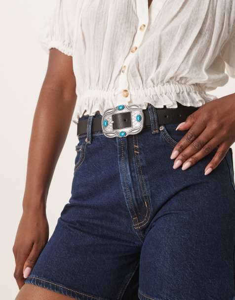 ASOS DESIGN – Hüft- und Taillengürtel in Schwarz mit Schnalle im Western-Stil und türkisfarbenen Schmucksteinen - view 1