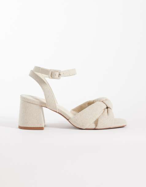 ASOS DESIGN Hugo knot detail mid block heel sandals in natural linen - view 1