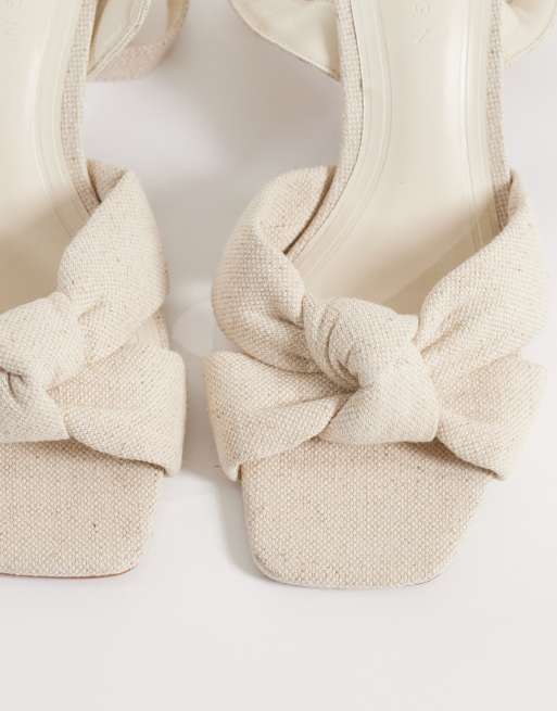 ASOS DESIGN Hugo knot detailing mid block heel sandals in natural linen effect, 2 of 4