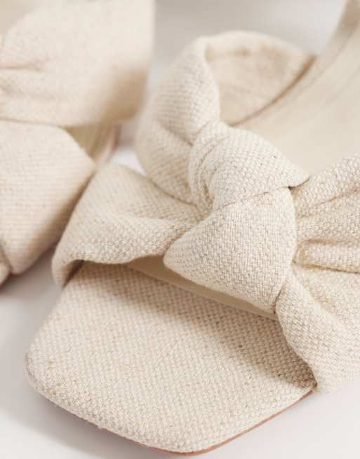 ASOS DESIGN Hugo knot detailing mid block heel sandals in natural linen effect, 4 of 4