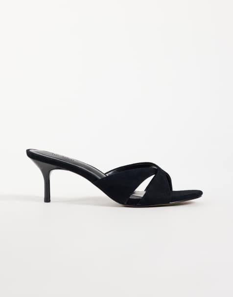 ASOS DESIGN Hum premium cross strap mid heeled mules in black suede - view 1
