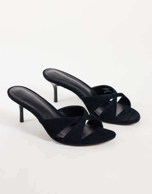 ASOS DESIGN Hum premium cross strap mid heeled mules in black suede, 2 of 4