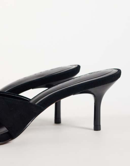 ASOS DESIGN Hum premium cross strap mid heeled mules in black suede, 3 of 4