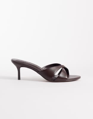Asos Design Hum Premium Cross Strap Mid Heeled Mules In Brown
