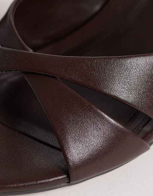 ASOS DESIGN Hum premium cross strap mid heeled mules in chocolate leather, 3 of 4