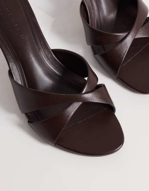 ASOS DESIGN Hum premium cross strap mid heeled mules in chocolate leather, 4 of 4