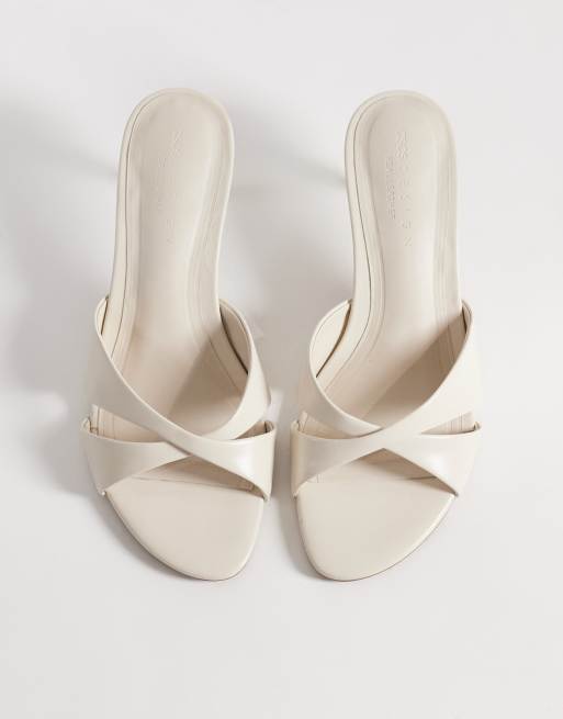 ASOS DESIGN Hum premium cross strap mid heeled mules in off white leather, 3 of 4