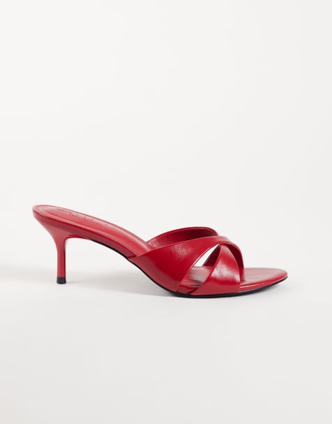 ASOS DESIGN Hum premium cross strap mid heeled mules in red leather - view 1